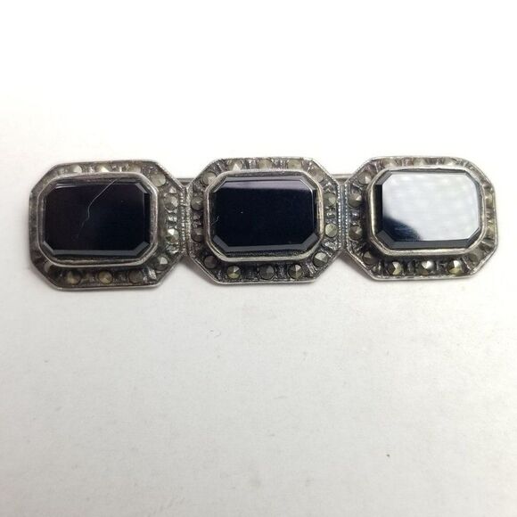 Vintage Sterling Silver Black Onyx and Marcasite Panel Bar Brooch, Estate - Picture 1 of 7